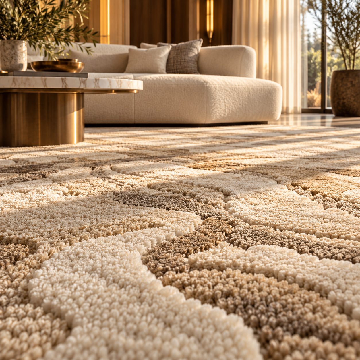 Textured loop-pile carpet running through a warmly lit hotel lobby