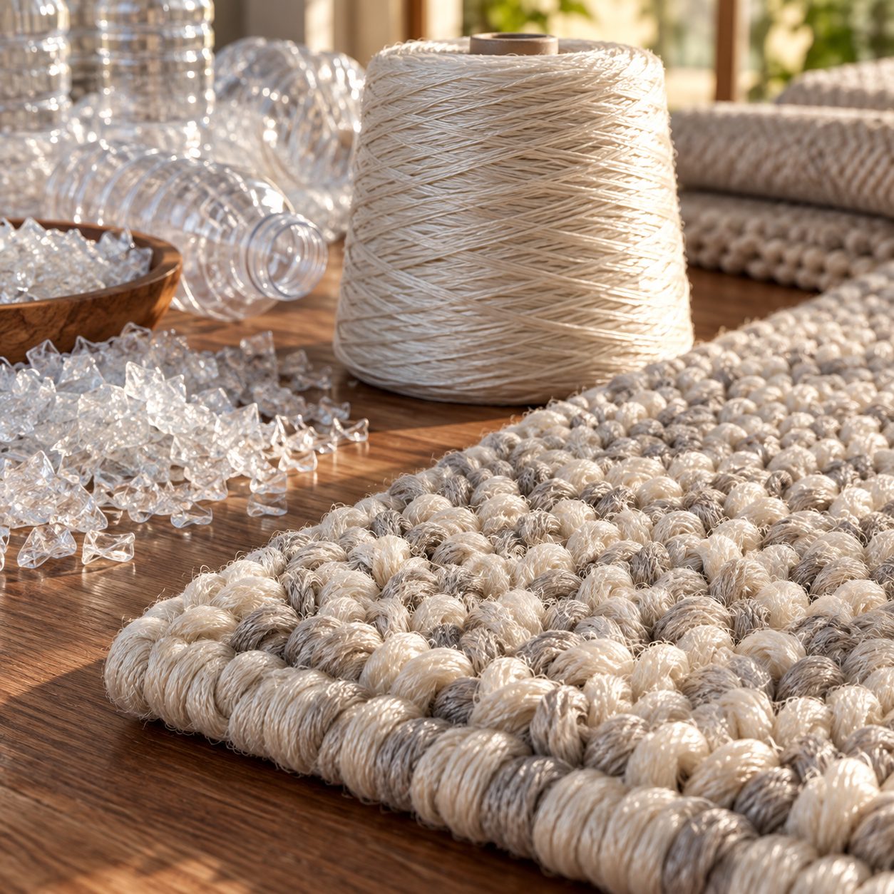 Recycled PET yarn spun from post-consumer bottle flake
