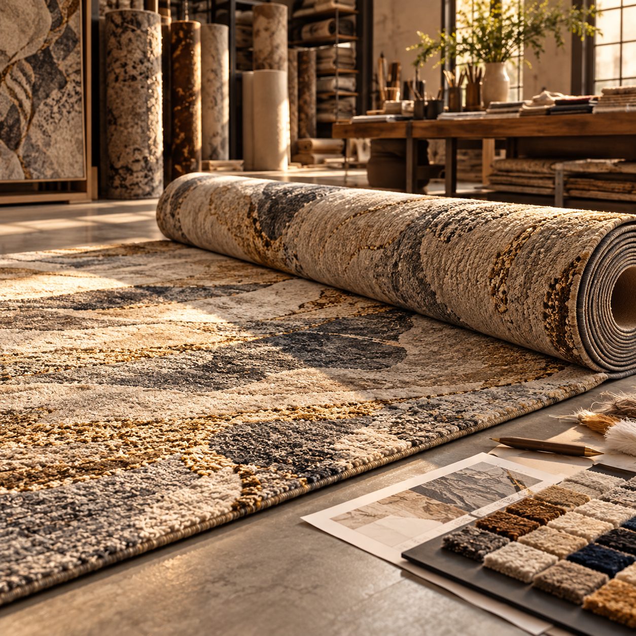Rolled bespoke carpet laid out on a workshop floor