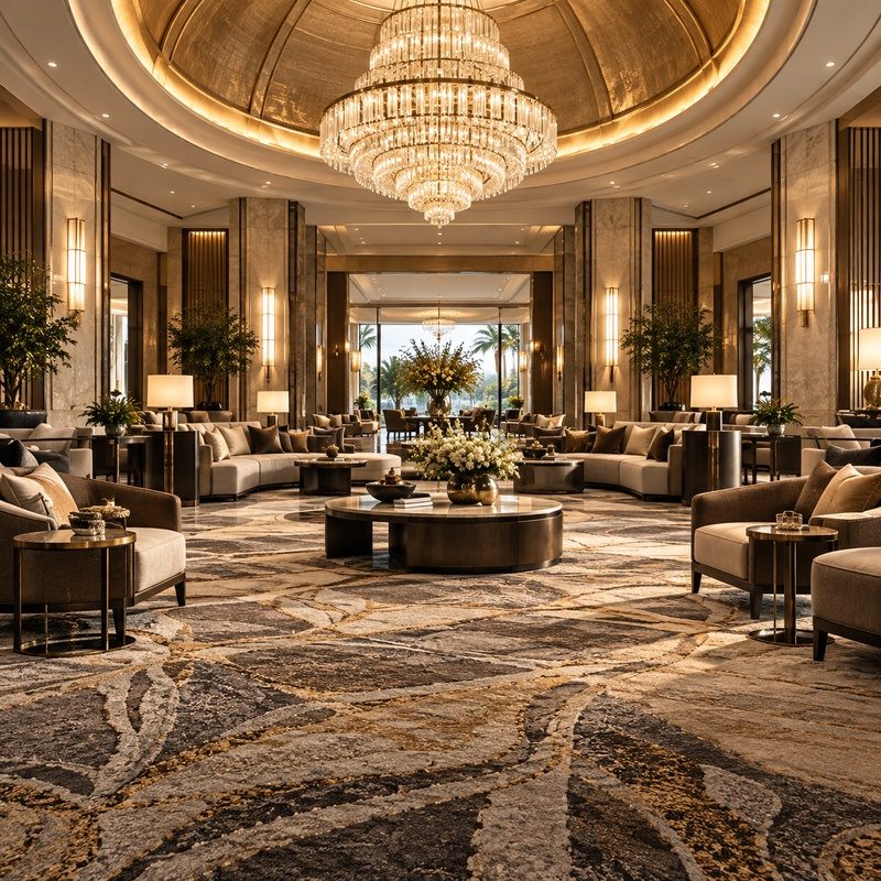 Hotel lobby with a domed gilded ceiling and lounge seating