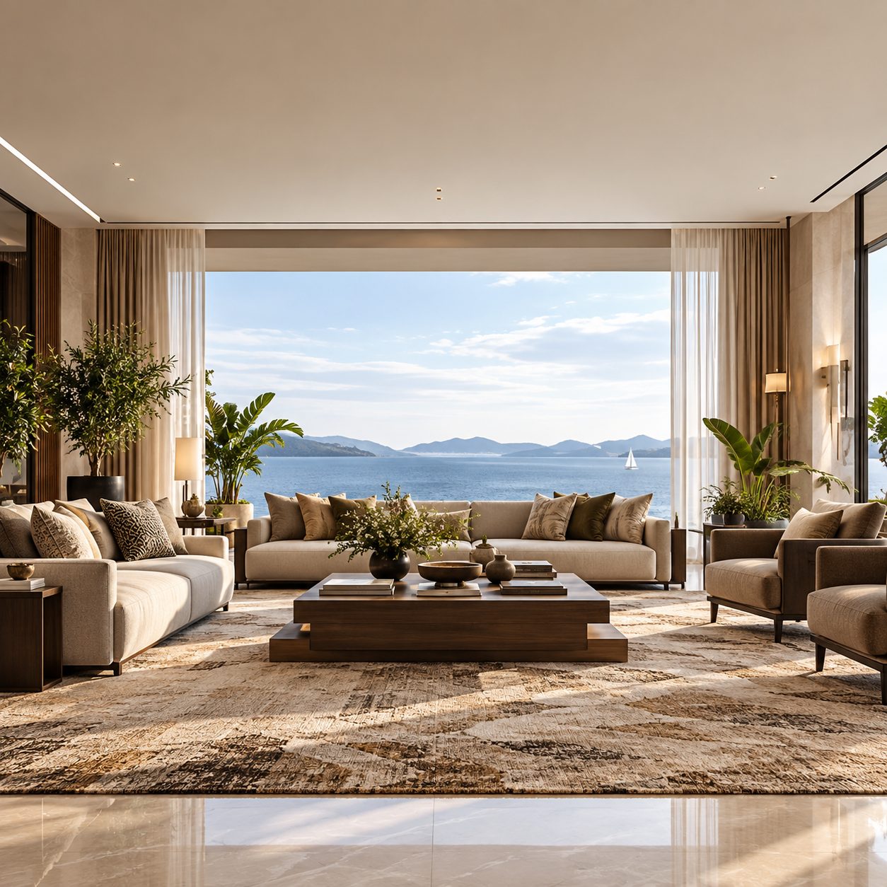 Living room of a private villa with sea view and neutral furnishings